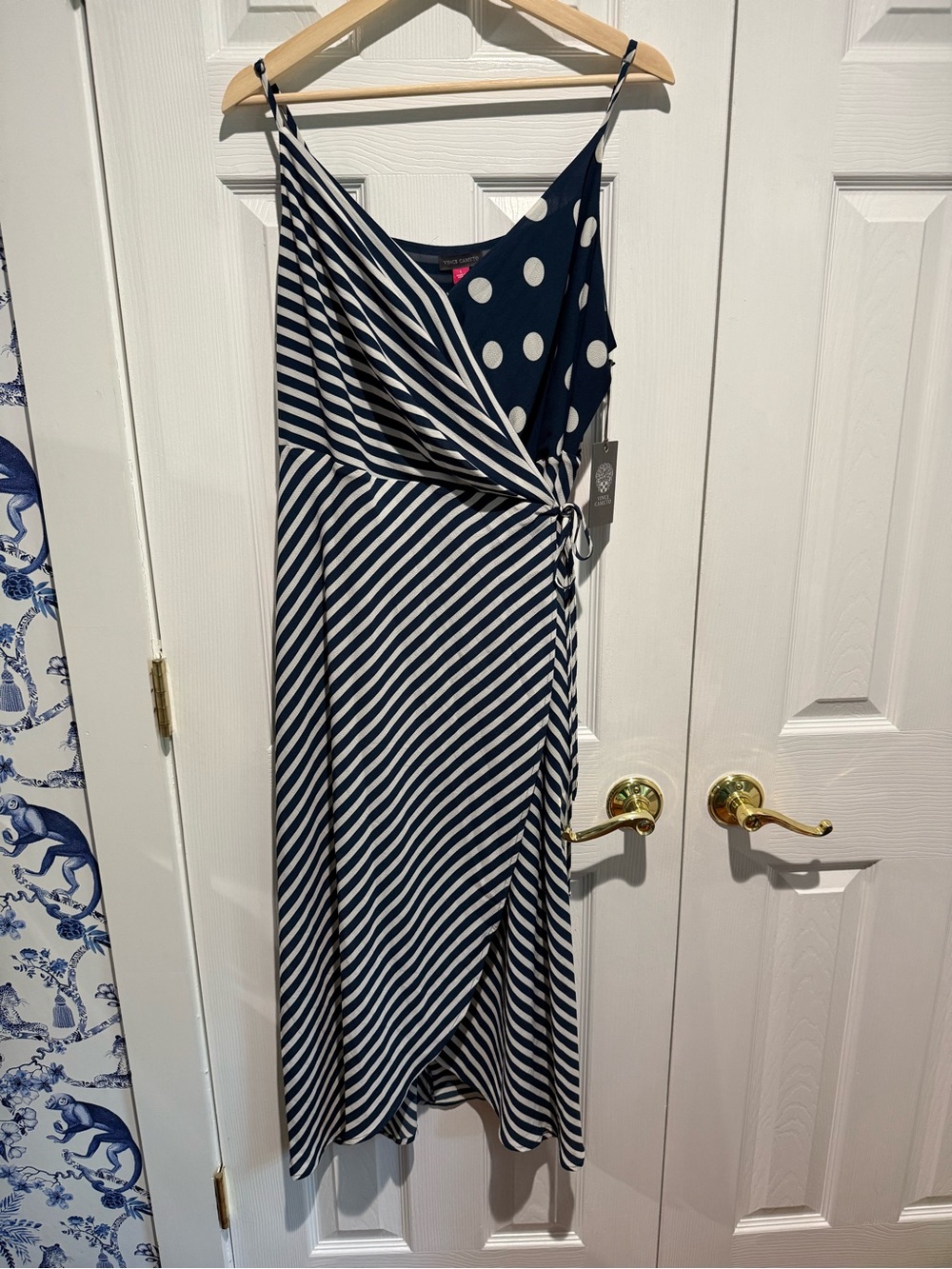 NWT Vince Camuto Blue Stripe Asymmetrical Wrap Dress Size Large